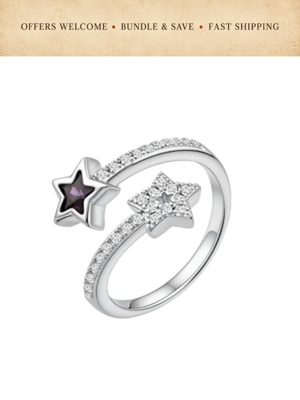 Adjustable Silver Tone Statement Ring Amethyst CZ Star Open Design